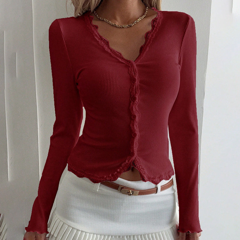 Women's Elegant Lace Trim V-Neck Blouse, Ruffle Detail Long Sleeve Button-Down Shirt For Spring Fall Wear