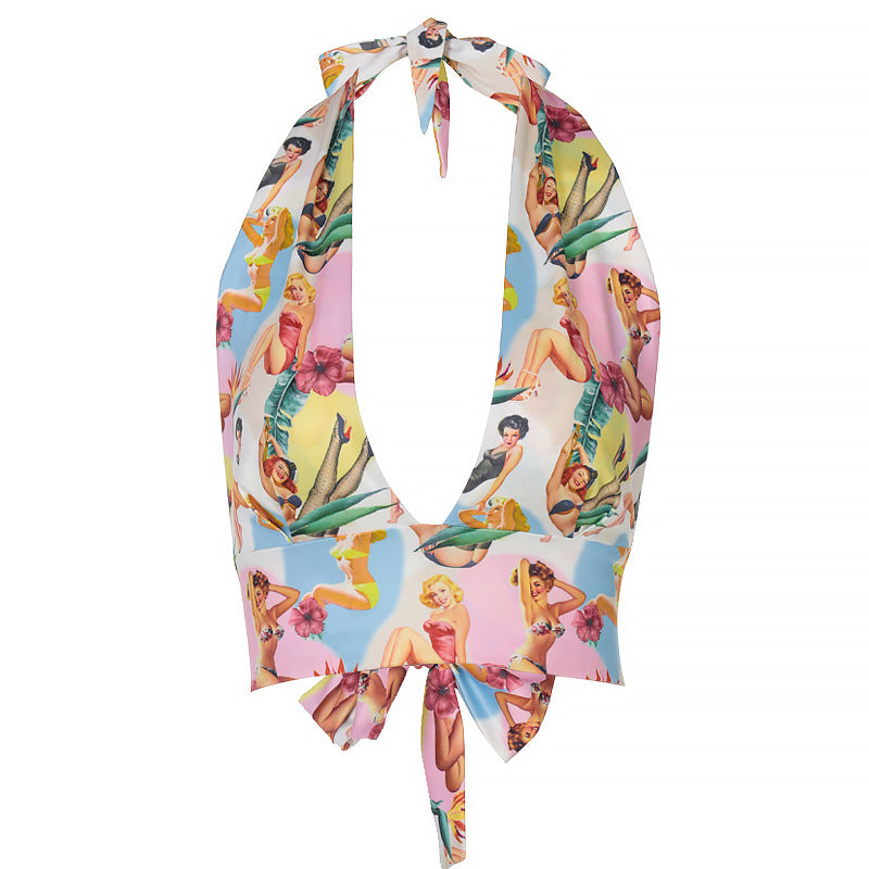 Neck Hanging Character Print Tie String Tank Top T Shirt