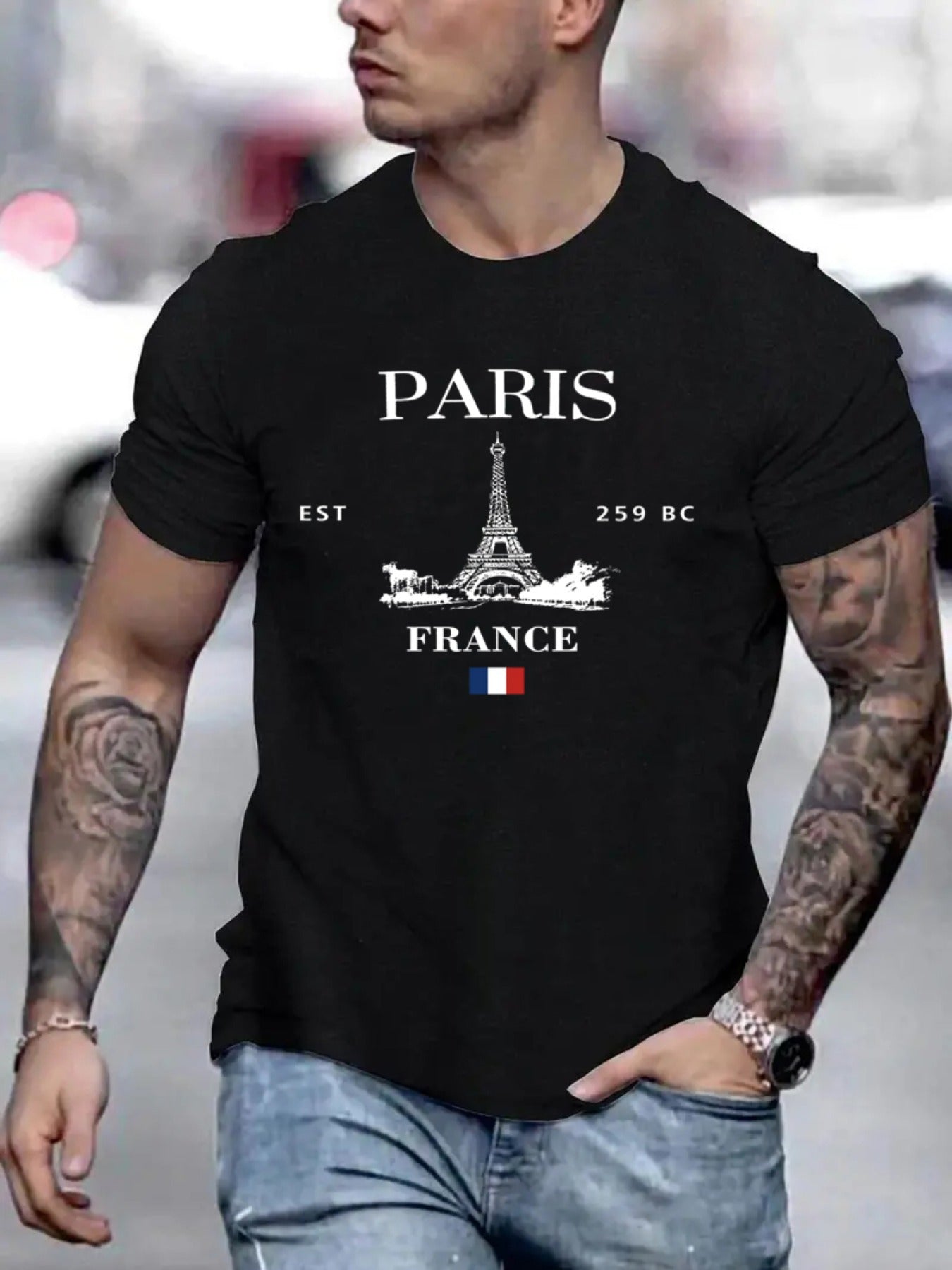 Paris Printed Men's Round Neck Fashionable Short Sleeved Sports T-shirt, Comfortable And Diverse, Suitable For Summer And Spring, Sporty Style, Comfortable And Versatile, As A Gift