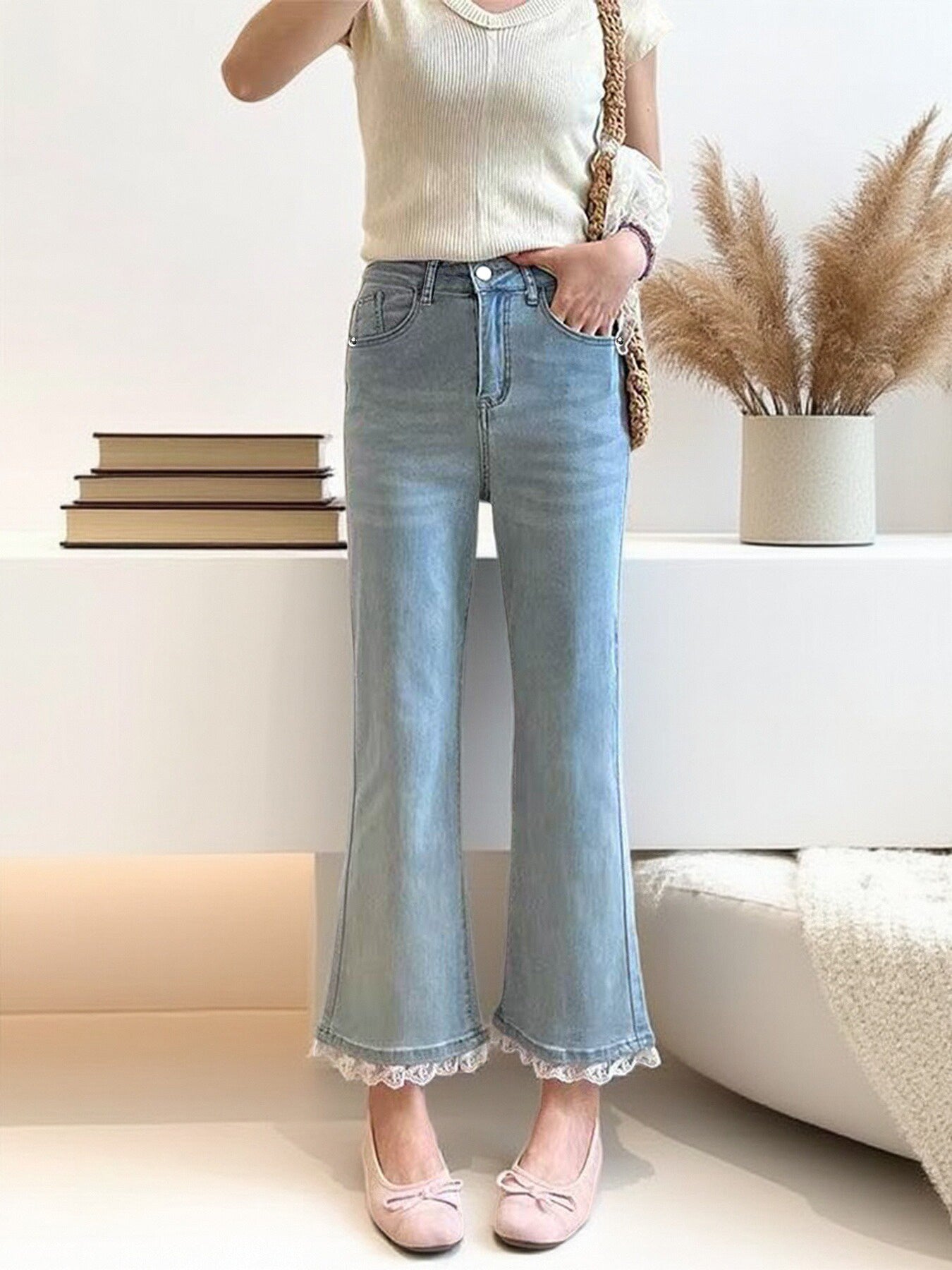 Jeans For Women, With Elastic Lace Lace And Lace Stitching, Micro Flared Jeans For Women In 2025, Small And Stylish Design, Light Blue Jeans For Women, Cropped Jeans For Women, Casual Pants For Women,