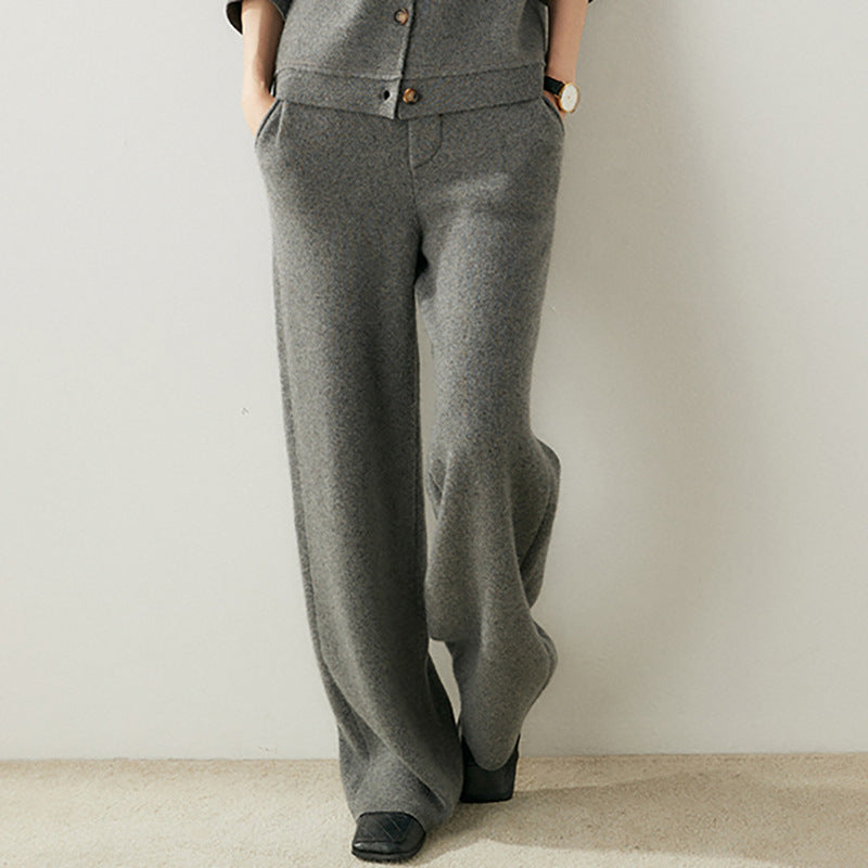 Thick, Draping Straight-leg Figure-flattering High-waisted Knitted Cashmere Wide-leg Pants For Women