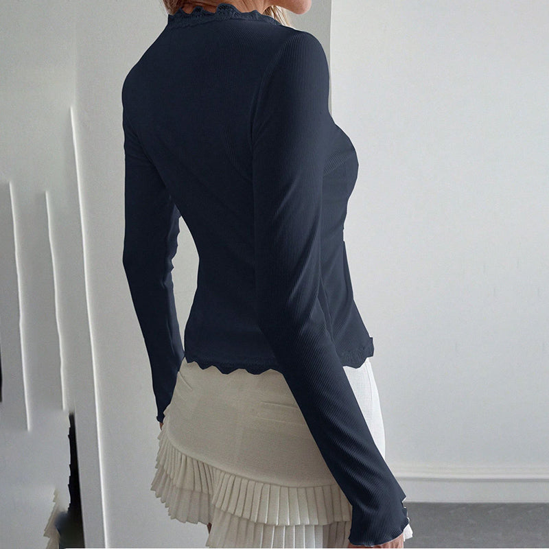 Women's Elegant Lace Trim V-Neck Blouse, Ruffle Detail Long Sleeve Button-Down Shirt For Spring Fall Wear