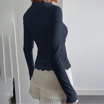 Women's Elegant Lace Trim V-Neck Blouse, Ruffle Detail Long Sleeve Button-Down Shirt For Spring Fall Wear
