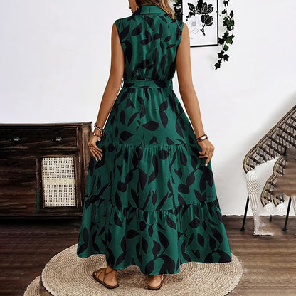 Women Sleeveless Boho Floral Maxi Dress Summer Button Shirt V Neck Flowy Belted Beach Vacation Dresses