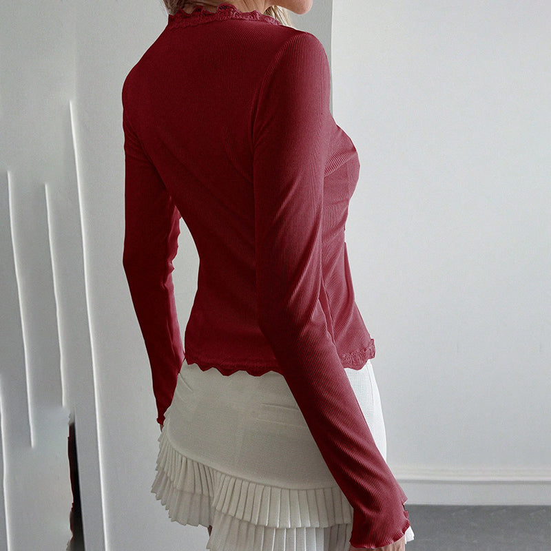 Women's Elegant Lace Trim V-Neck Blouse, Ruffle Detail Long Sleeve Button-Down Shirt For Spring Fall Wear