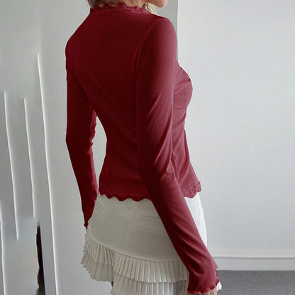 Women's Elegant Lace Trim V-Neck Blouse, Ruffle Detail Long Sleeve Button-Down Shirt For Spring Fall Wear