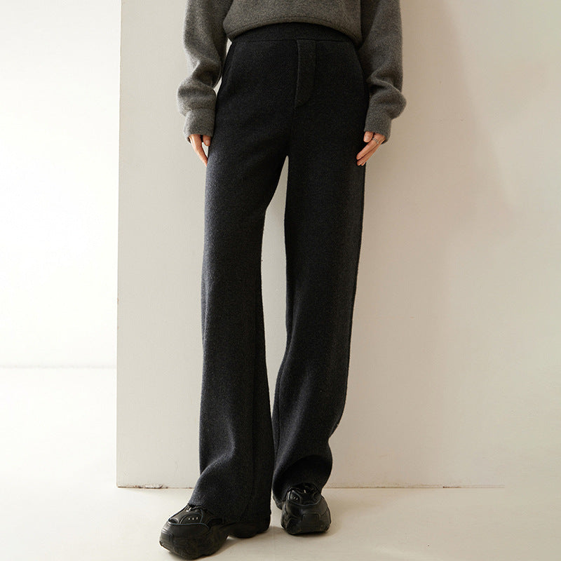 Thick, Draping Straight-leg Figure-flattering High-waisted Knitted Cashmere Wide-leg Pants For Women