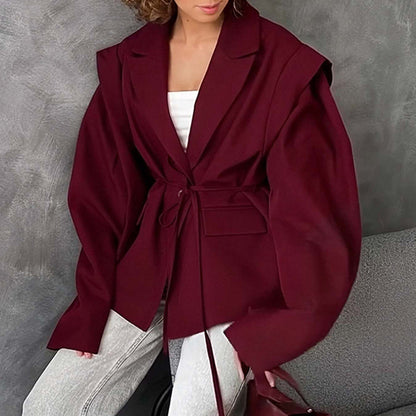 Women's Waist Tie Blazer - Elegant Business Casual Solid Color Jacket For Fall Winter Office