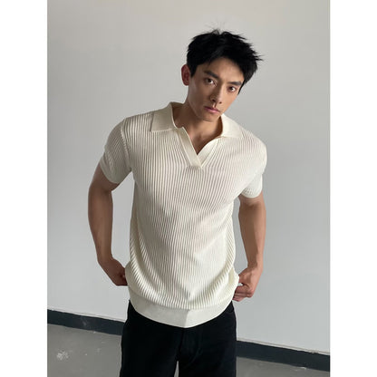 V-neck Slim-fit Lapel-striped Short-sleeve Knit
