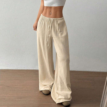 Plus Size Women's Solid Color High-Waisted Wide Leg Pants Drawstring Waist Casual Trousers For Spring And Autumn