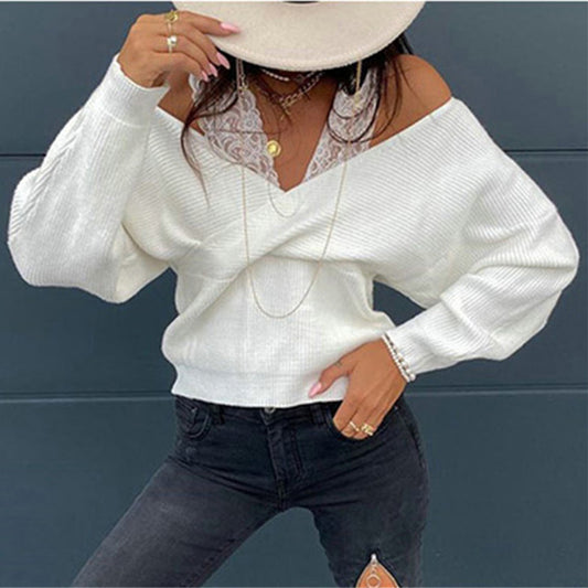 Women's Off-Shoulder Lace Trim Top, Slim Fit Long Sleeve Sexy Y2K Blouse