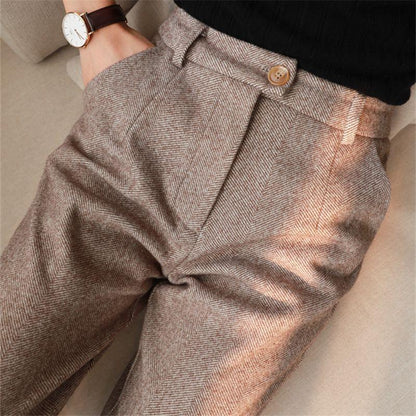 Women's Solid Color Wool-Like Tapered Trousers, Classic Ankle-Length Pants For Office And Formal Wear