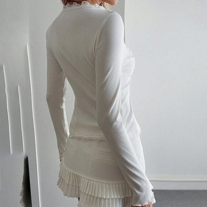 Women's Elegant Lace Trim V-Neck Blouse, Ruffle Detail Long Sleeve Button-Down Shirt For Spring Fall Wear