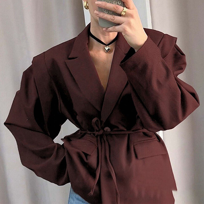 Women's Waist Tie Blazer - Elegant Business Casual Solid Color Jacket For Fall Winter Office