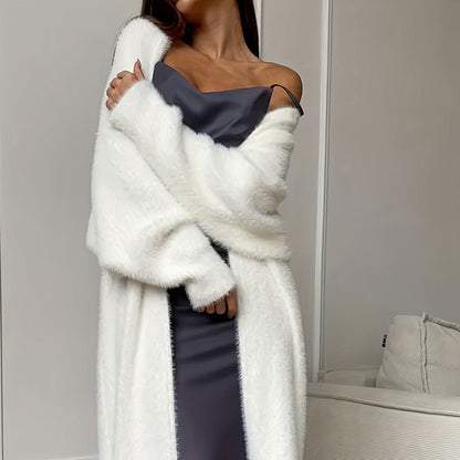 Women's Furry Long Cardigan - Slouchy Open Front Duster Coat, Fuzzy Cozy Layer
