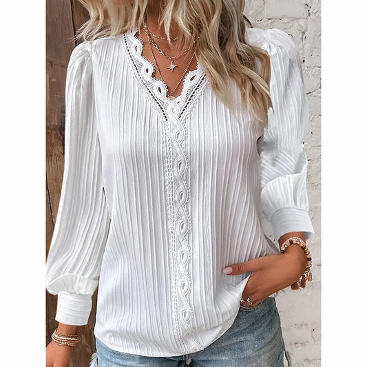 Women's Lace Trim V-Neck Blouse Puff Long Sleeve Dressy Casual Work Shirt