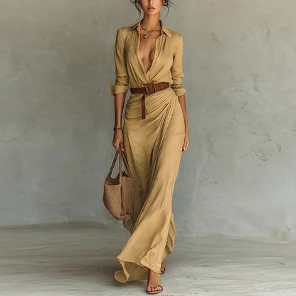 Women Long Sleeve Ruched Elegant Maxi Dress Button Down Shirt Long Dress With Belts