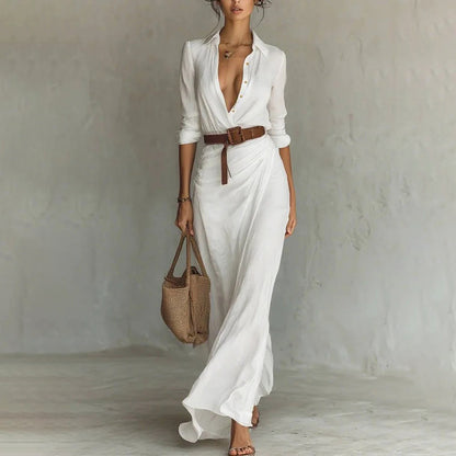 Women Long Sleeve Ruched Elegant Maxi Dress Button Down Shirt Long Dress With Belts
