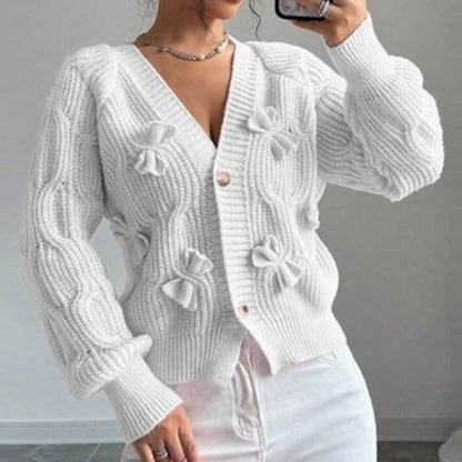 Women's Bow Cropped Cardigan - Long Sleeve V-Neck Button Down Knit Sweater Top