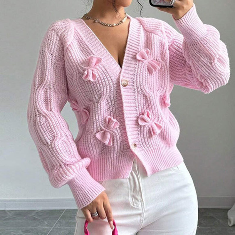 Women's Bow Cropped Cardigan - Long Sleeve V-Neck Button Down Knit Sweater Top