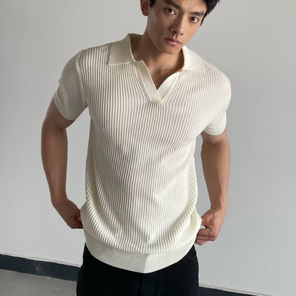 V-neck Slim-fit Lapel-striped Short-sleeve Knit