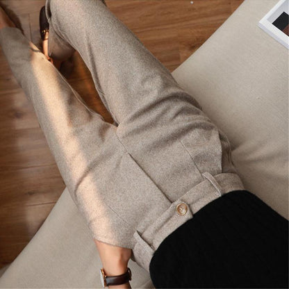 Women's Solid Color Wool-Like Tapered Trousers, Classic Ankle-Length Pants For Office And Formal Wear