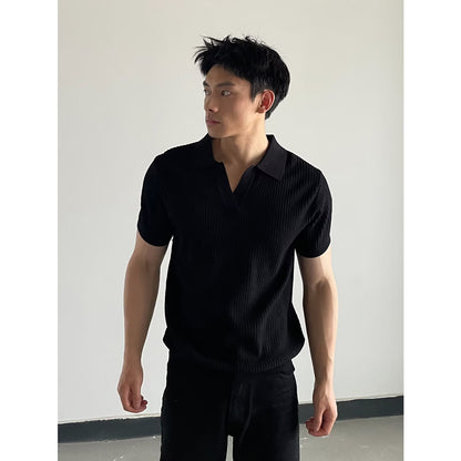 V-neck Slim-fit Lapel-striped Short-sleeve Knit