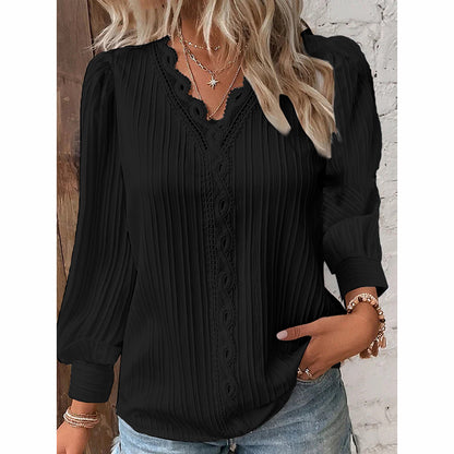 Women's Lace Trim V-Neck Blouse Puff Long Sleeve Dressy Casual Work Shirt