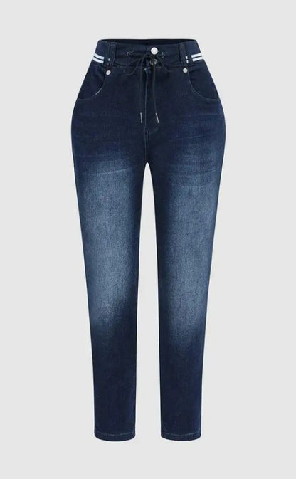 Athleisure Style Skinny Jeans For Women, Mid-Rise Pull-On Denim With A Sporty Drawstring Waist, Butt-Lifting Dark Wash Jeggings