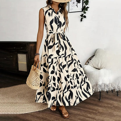 Women Sleeveless Boho Floral Maxi Dress Summer Button Shirt V Neck Flowy Belted Beach Vacation Dresses