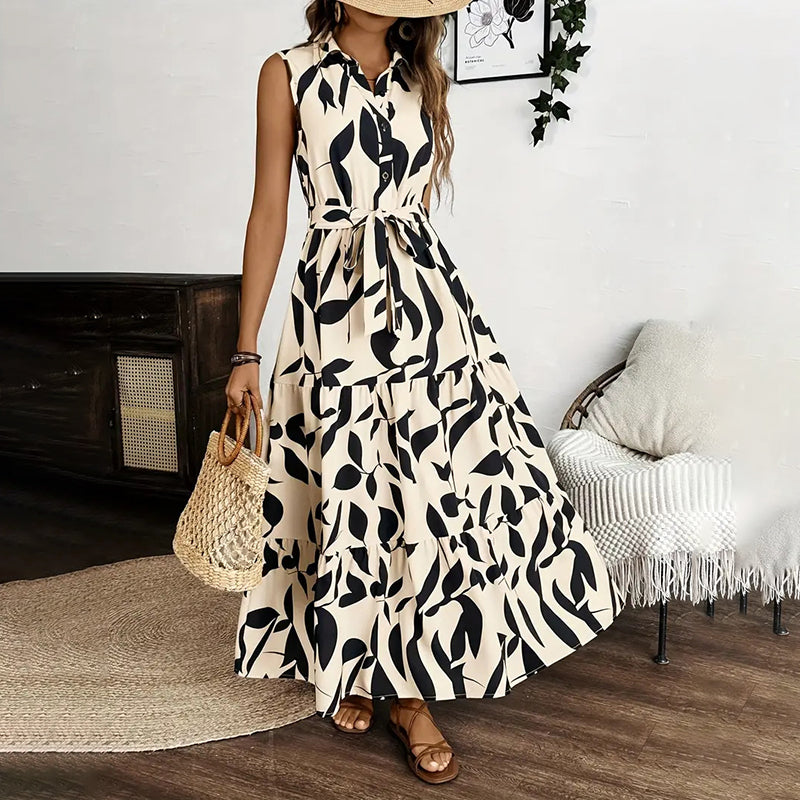 Women Sleeveless Boho Floral Maxi Dress Summer Button Shirt V Neck Flowy Belted Beach Vacation Dresses
