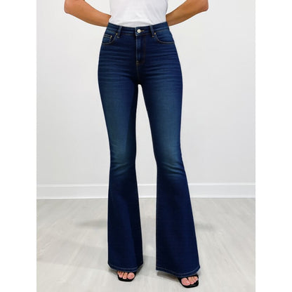 Gold Embroidered Horse Flare Jeans High-Waisted Dark Wash, Retro Western Cowgirl Chic, Festival Ready Must-Have Denim Pants