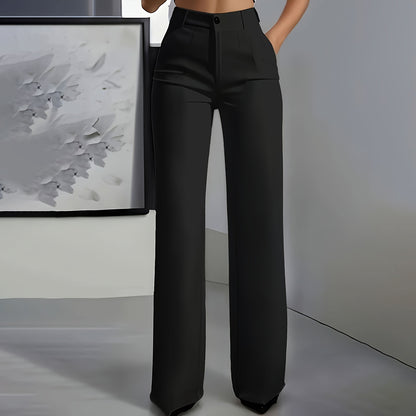 Women's Solid Color High-Waisted Wide Leg Pants, Relaxed Fit Straight Leg Trousers With Zip-Fly For Daily Wear