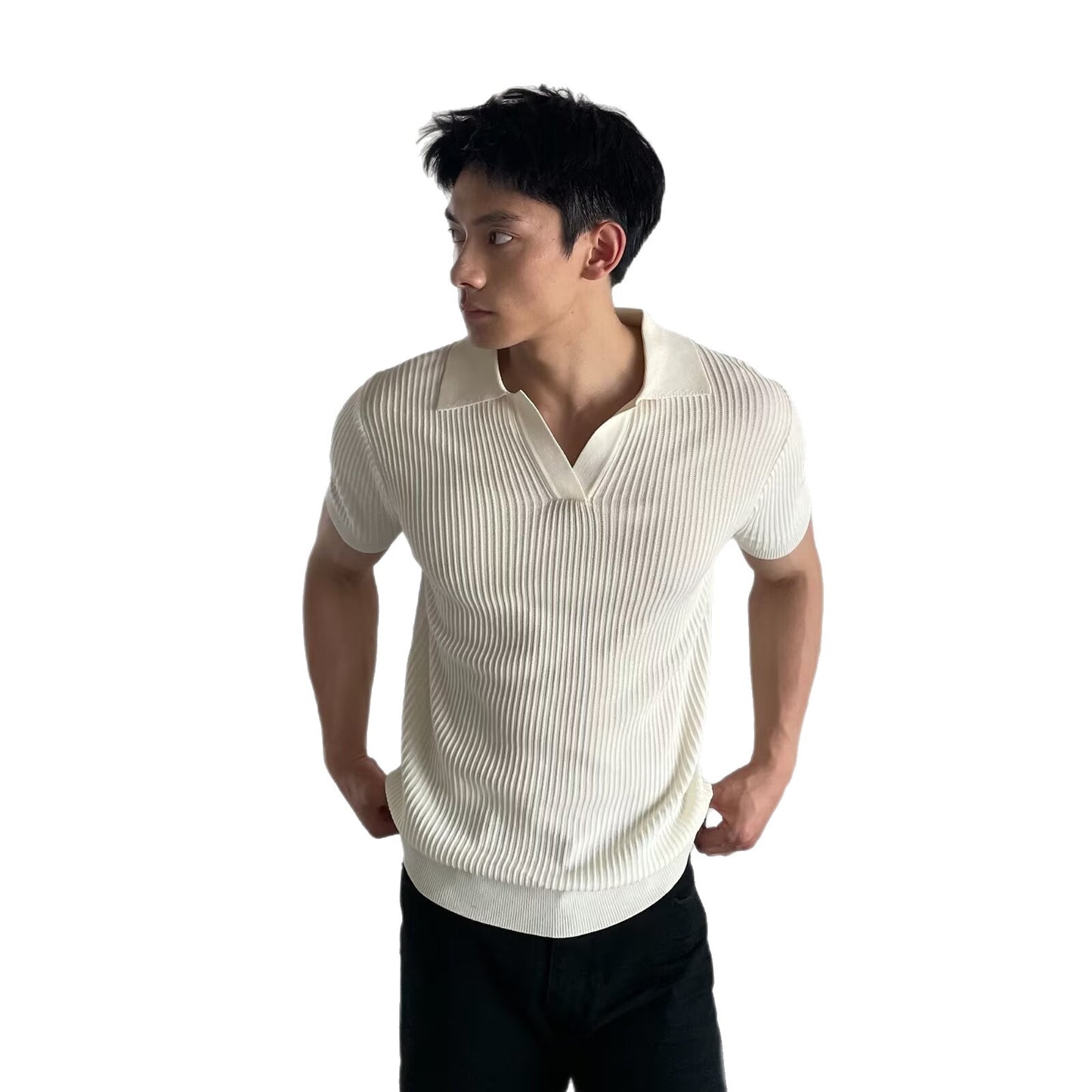 V-neck Slim-fit Lapel-striped Short-sleeve Knit