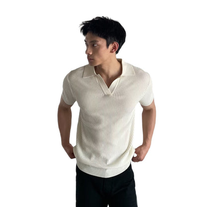 V-neck Slim-fit Lapel-striped Short-sleeve Knit