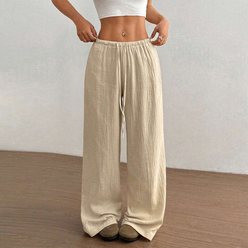 Plus Size Women's Solid Color High-Waisted Wide Leg Pants Drawstring Waist Casual Trousers For Spring And Autumn