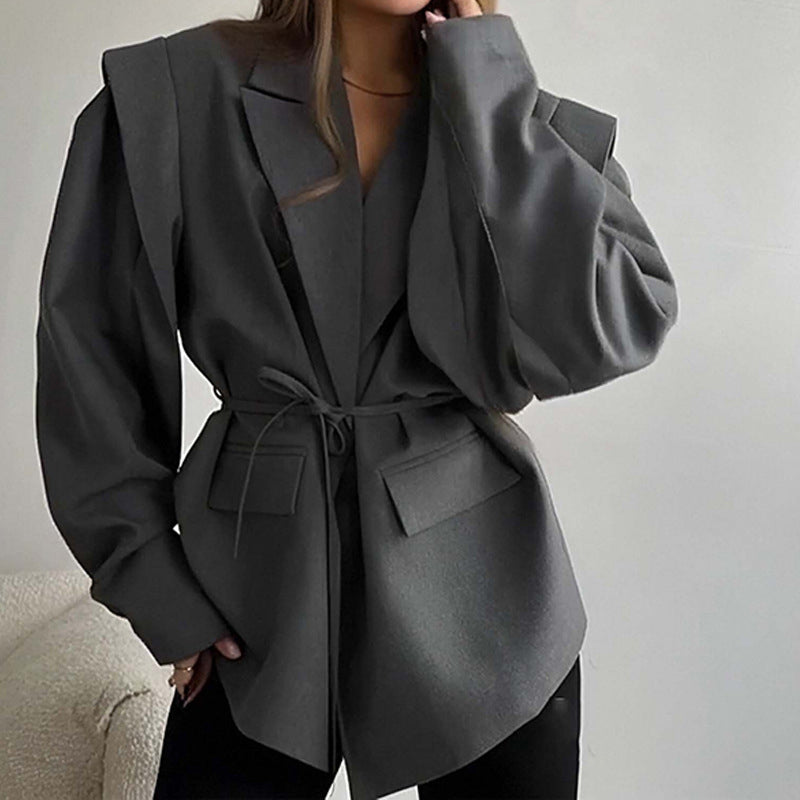 Women's Waist Tie Blazer - Elegant Business Casual Solid Color Jacket For Fall Winter Office