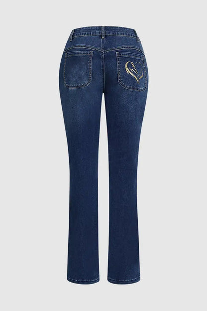 Gold Embroidered Horse Flare Jeans High-Waisted Dark Wash, Retro Western Cowgirl Chic, Festival Ready Must-Have Denim Pants