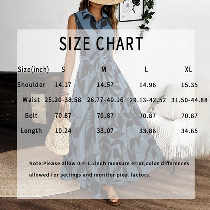 Women Sleeveless Boho Floral Maxi Dress Summer Button Shirt V Neck Flowy Belted Beach Vacation Dresses