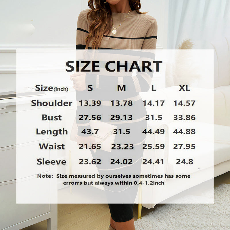 Women's Long Sleeve Bodycon Sweater Dress Round Neck Ribbed Striped Midi Dress For Dinner Dates And Formal Events