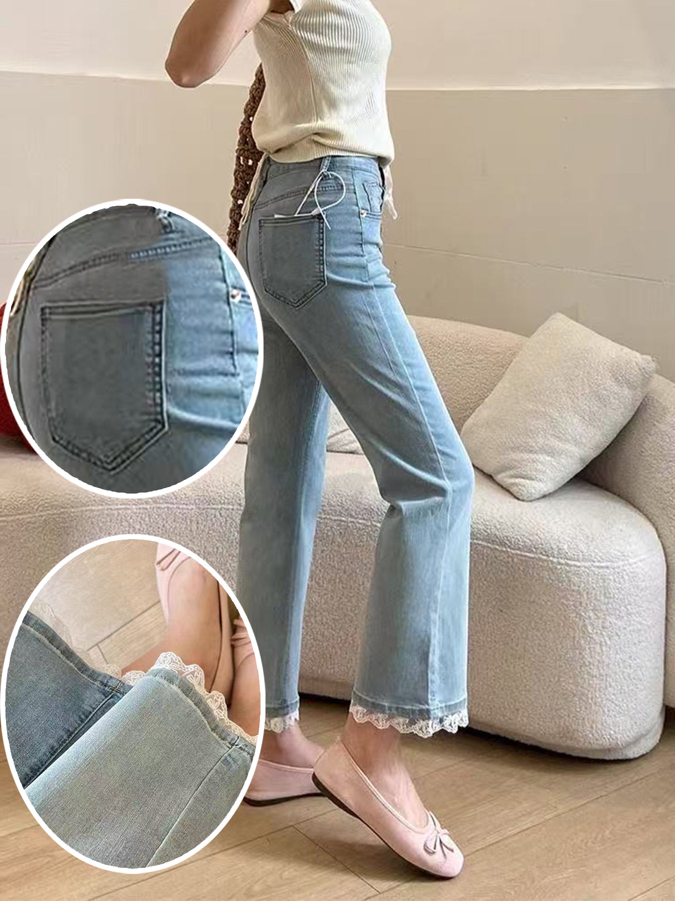 Jeans For Women, With Elastic Lace Lace And Lace Stitching, Micro Flared Jeans For Women In 2025, Small And Stylish Design, Light Blue Jeans For Women, Cropped Jeans For Women, Casual Pants For Women,