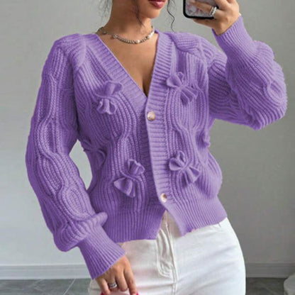 Women's Bow Cropped Cardigan - Long Sleeve V-Neck Button Down Knit Sweater Top